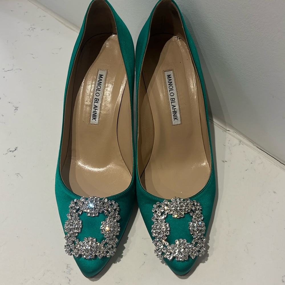 Manolo Blahnik Green Satin Pumps